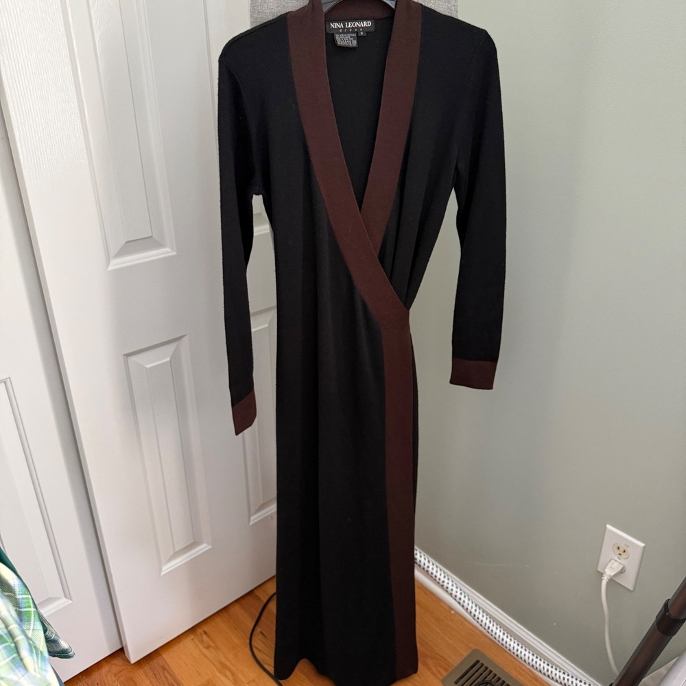 Vintage 90s Nina Leonard Wool Blend Wrap Dress 6 Black Brown Maxi Minimalist